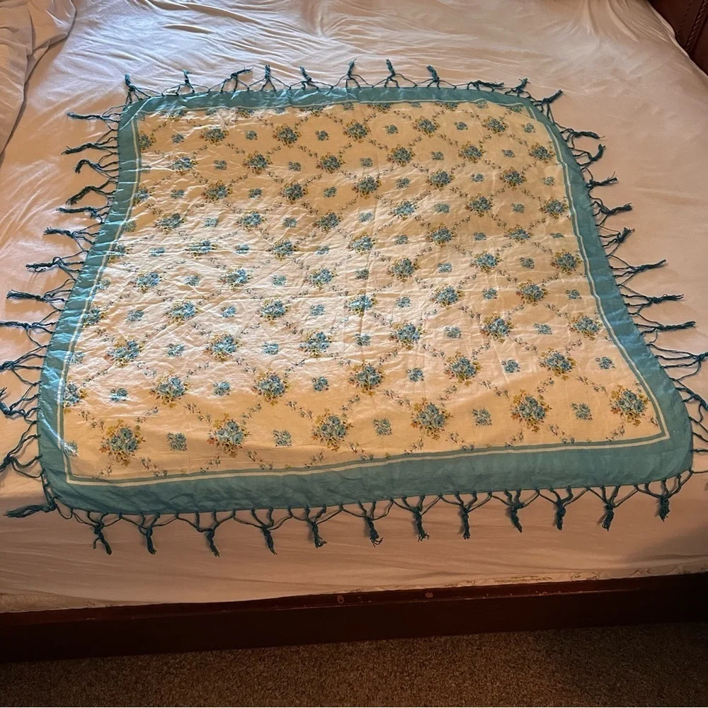 Dainty Silk Scarf Shawl Roses Blue Cream Cottagecore Fringe 39” x 41”